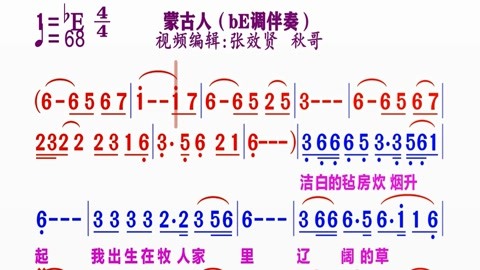 同步动态伴奏简谱视频合集 动态伴奏be调《蒙古人》简谱